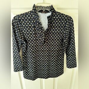 J. McLaughlin Navy and Gold Ruffled Neckline Top